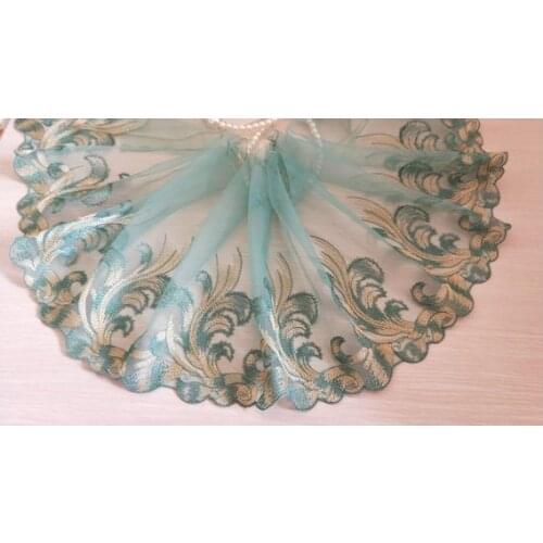 2 Yards Lace Trim Gold Floral Embroidered Deep Cyan Tulle Lace Trim 7 Inches Wide High Quality