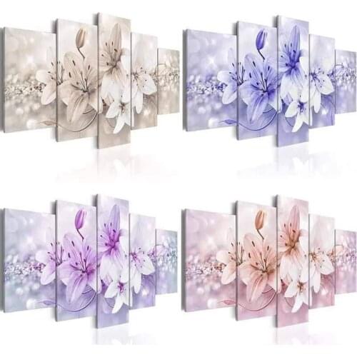5 Panel Lilies Flowers Canvas Wall Art Picture Canvas Painting for Bedroom Abstract Floral Poster and Print Unframed