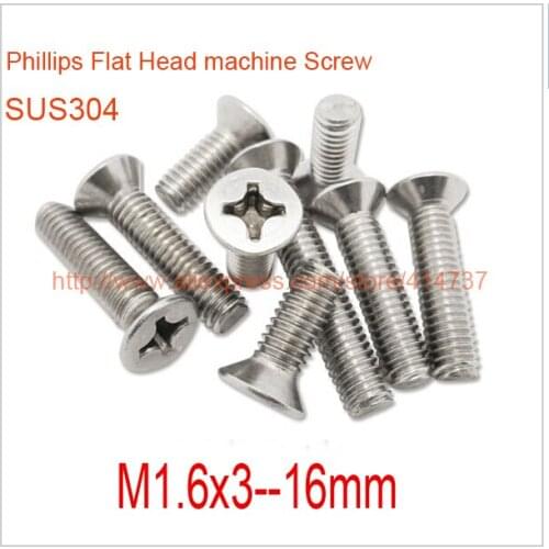 500pcs/lot DIN965 M1.6/M2 Stainless Steel A2 Machine Phillip Flat Head Cross Recessed Countersunk head Screw Length 3mm--16mm
