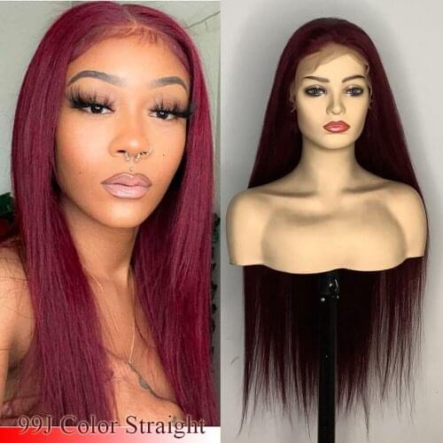Burgundy Straight T Part & 13X4 Lace Front Colored Human Hair Wig 99J Color perruque cheveux humain Pelucas perruques dentelle