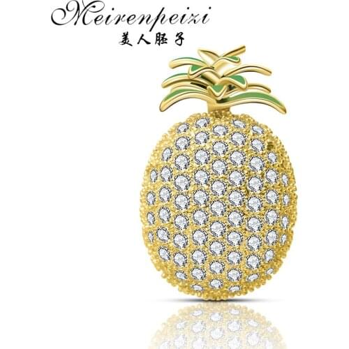 Meirenpeizi Gold Rhinestones and Enamel Pineapple Brooch Pins Fashion Womens Costume Jewelry Clothing Accessories