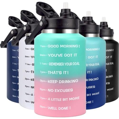 QuiFit 2L Stainless Steel Insulated Water Bottle Half Gallon Motivational Time Marker Wide Mouth with Straw Lid Leak Proof Mug