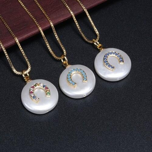 Paved cz tiny horseshoe best wish charm white pearl bead chic gold link chain pendant choker necklace for women religious