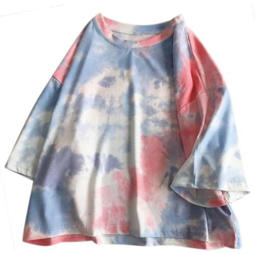 Korean Women Summer Short Sleeve T-Shirt Harajuku Gradient Tie-Dye Tunic Tops Crew Neck Oversized Loose Streetwear