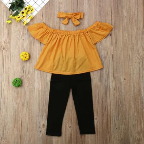 3 Pcs Kids Baby Girl Outfits Solid Color Off shoulder Floral Tank Shirt Tops Long Pant Headband Fashion Summer Set