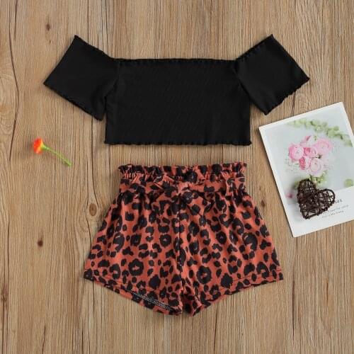 Girl’s Short Sleeve and Shorts Set Fashion Solid Color Boat Neck T-shirt And Leopard Short Pants