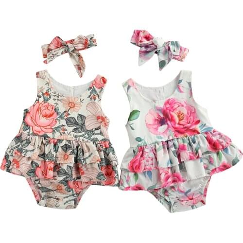 Hot Summer Baby Girls Floral Clothes Printed Pattern Round Collar Sleeveless Bodysuit and Headband Infant Girls Clothing