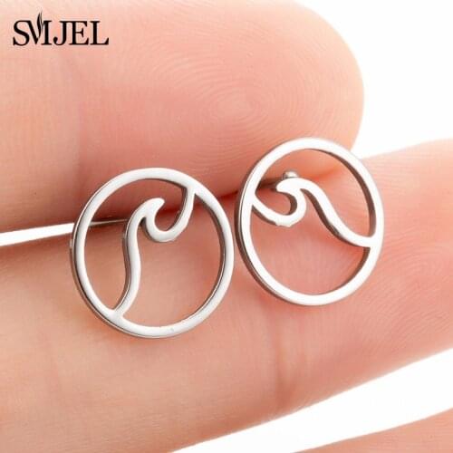SMJEL Trendy Wave Stud Earrings for Women Lovely Stainless Steel Jewelry Ocean Simple Round Ear Studs bijoux femme aros