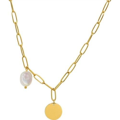 Fashion Round Disc Pendant Fresh Water Pearl Choker Necklace Stainless Steel Link Chain Collar Necklace Jewelry Collier Femme