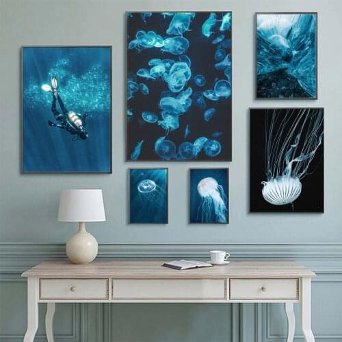 Seascape Underwater World Diving Poster Dolphin Jellyfish Turtle Wall Art Nordic Posters and Prints Canvas Painting Wall Picture