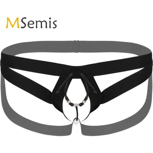 Mens Lingerie Crotchless Briefs Panties Strappy Thongs O Ring Bead Decor G-string Low Rise Elastic Waistband T-back Underwear