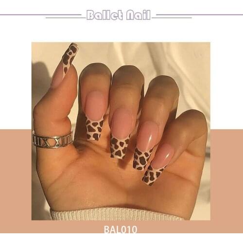 24Pcs False Nails Leopard Printed Nails Patch Glue Type DIY Slider Long Paragraph Removable Fashion Fully Covered Manicure