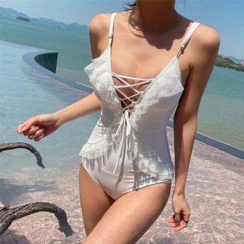 2021 New Korean Woman One Piece Swimsuit High Cut Bikini Bandage Bodysuits Swimwear Women Push Up Belt Bathers Swimwear