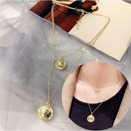 New Fashion Beauty Head Coin Pendant Necklace For Women Gold Color Metal Moon Necklace Multilayer Choker Chain