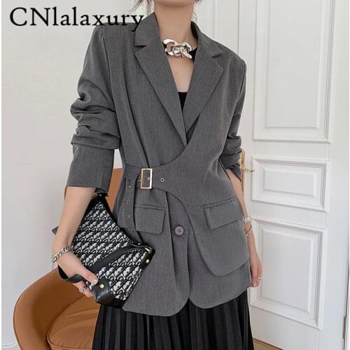 CNlalaxury New Blazer Womens Suit Coat Vintage Fashion 2021 Office Ladies Metal buckle Solid Grey Jacket Casual Female Outerwear