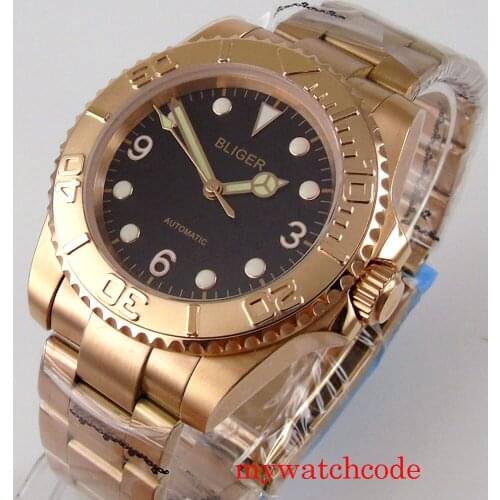 Full Rose Gold Plated Automatic Men Watch Sapphire Crystal Black Dial NH35A Movement Date Oyster Bracelet