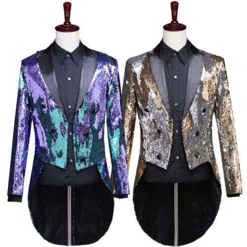 Reversible sequins blazer men Tuxedo suits designs stage costumes for singers jacket mens clothes dance star style dress
