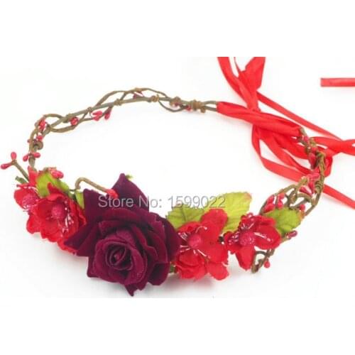 Vintage Bridal Red Velvet Rose Flower Crown Burgundy Hair Piece Rustic Prom Headdress Cherry Blossom Headband Wedding Jewelry