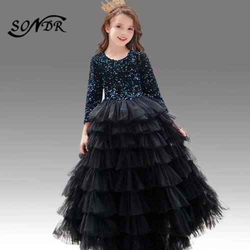 Colorful Sequin Flower Girl Dress HT110 O-Neck Long Sleeve Girls Wedding Party Dresses Floor-Length Kids Elegant Party Ball Gown