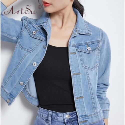 ArtSu Denim Jacket Casual Women Autumn Pockets Red Coat Streetwear Girls Black White Pink Blue Jeans Jacket Chaqueta Mujer XXL