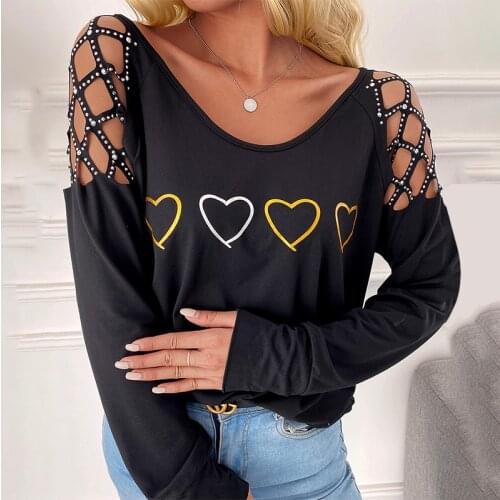2021 Summer Women V Neck Heart Printed Gliter Hollow Out Long Sleeve Casual Streetwear Sexy Black T-Shirts Fashion Ladies Tops