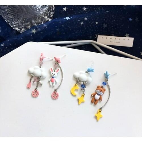 S925 Needle Cartoon animal cute cloud asymmetrical sweet tassel bear rabbit earrings for women