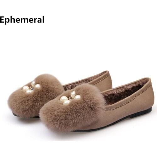 Women Plush Shoes For Winter Square Toe Crystal Flats Indoor Warm Slip-ons Fashion Loafers Anti-Slip Plus Size 12 9 3 Khaki Grey