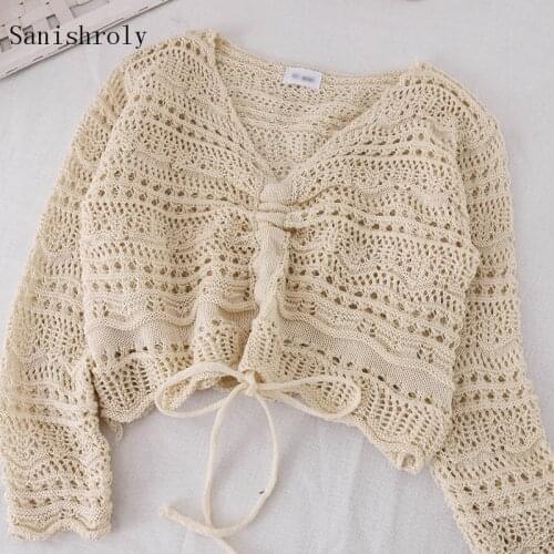 Sanishroly Spring Knitted Pullovers Women Thin Hollow Out Drawstring Sweater Ladies V-Neck Long Sleeve Knitwear Short Tops SE908