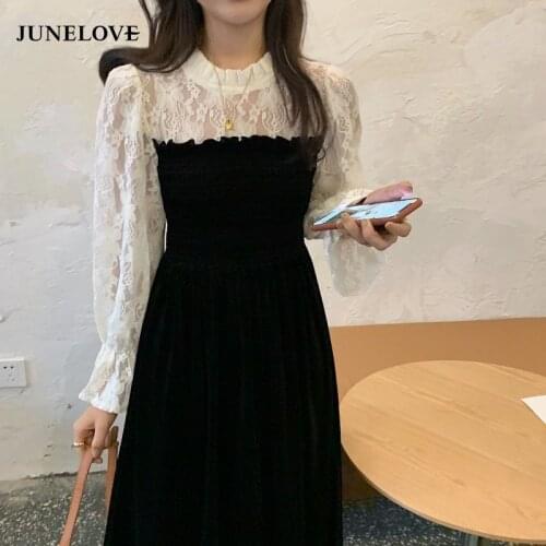 JuneLove 2021 Women Elegant Lace Patchwork Midi Dress Vintage Female Flannel Spring Autumn Fashion Black Party Dress Vestidos