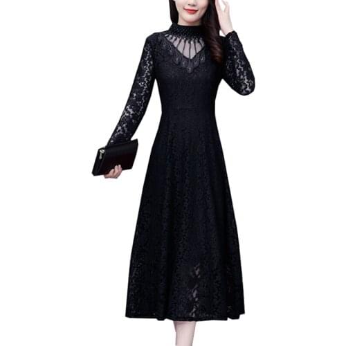 Female Lace Dress 2021Spring New Black Womens Dress Long Sleeve Slim Long A-line Dresses Lace Hollow Hedging Dress Oversize 4XL