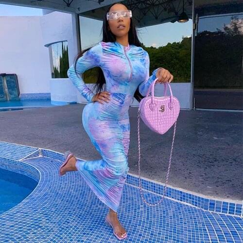 Tie Dyeing Print Autumn Pleated Long Dress for Women Zipper Front Full Sleeve Bodycon Dresses Streetwear Party Clubwear Robe