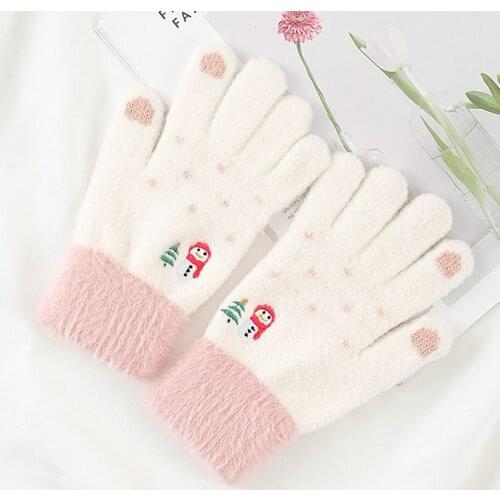Winter Cute Warm Full Finger Gloves Women Knitted Velvet Solid Touch Screen Cartoon Thick Cycling Driving Gloves PJ018
