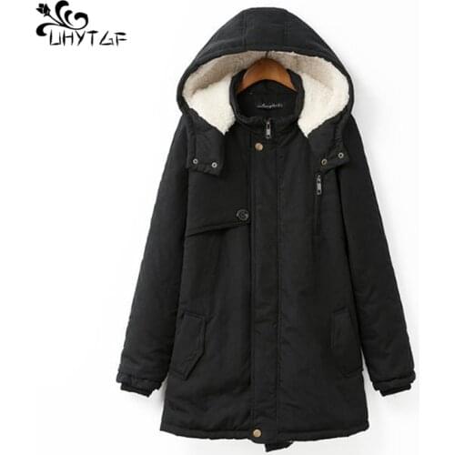UHYTGF Winter Jacket Women Cotton Coat splice Plus Size Warm Hooded Jacket Female Plus velvet Thicken Korean fashion Parka X597
