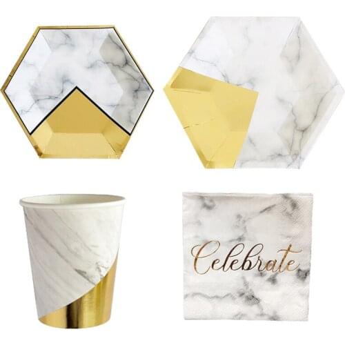 Gold Tableware Marble Paper Straws Plates Cup Napkins Fork Party Baby Shower Birthday Wedding Decorate Carnival Party Supplies