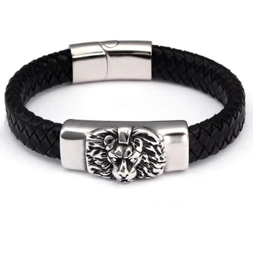 Animal Design Diy Men Male Lion Charm Bracelets Trendy Stainless Steel Chain Link Cuff Genuine Leather Bracelets Bangles