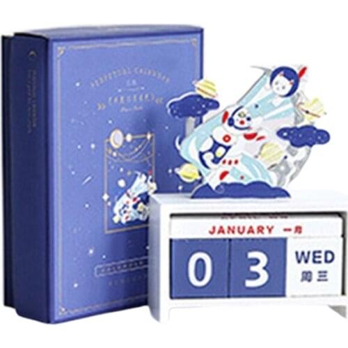 066E Wooden Calendar Whale Deer Pattern Number Month Date Week Display Cubes Block