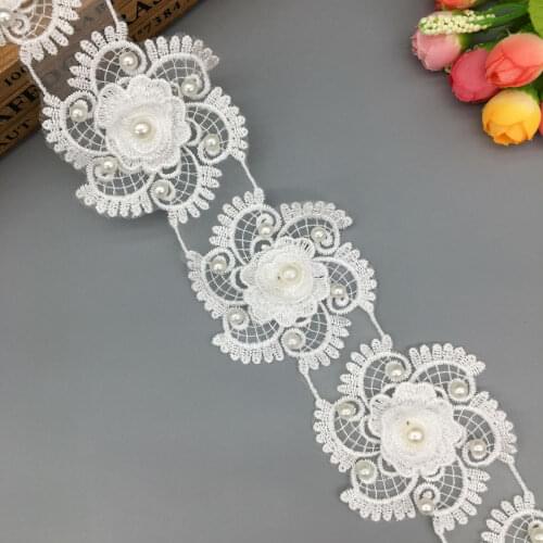 1 yard White Pearl Flower Embroidered Lace Trim Applique Trimming Ribbon Fabric Sewing Craft Handmade Wedding Dress Decoration