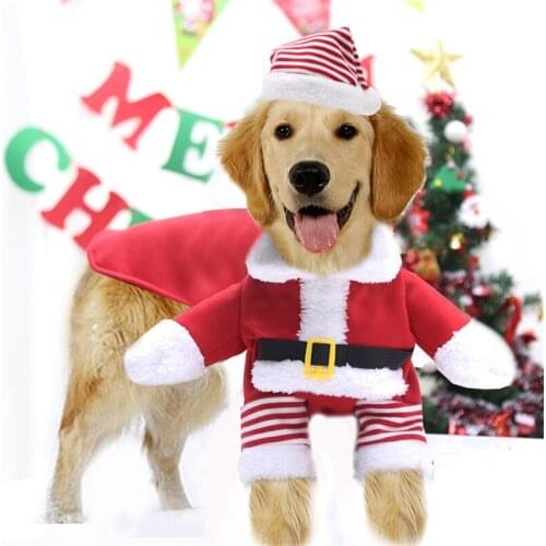 2 Piece Dog Christmas Clothes Set Fleece Wide Waistband Lapel Neck Warm Party Standing Santa Dress With Lace-up Hat XS-7XL