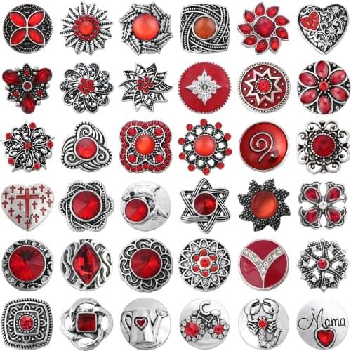 5pcs/lot Snap Jewelry Metal Red Crystal Rhinestone Flower 18mm Snap Buttons Charms Fit 20MM 18MM Snap Bracelets for Women
