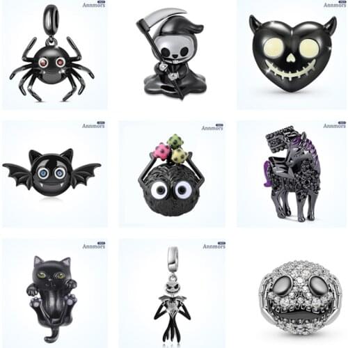 Black Series Skull Black Spider Bat Witch Fit Original Pandora Charm 925 Sterling Silver Charm Halloween Women Bracelet Jewelry
