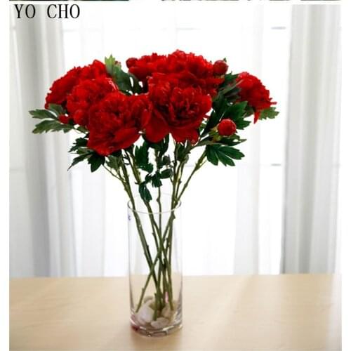 YO CHO 2 Head Blooming Peony Artificial Flower Branch Red White Blue Silk Peony Fake Flower Home Party Wedding Decor Faux Flower