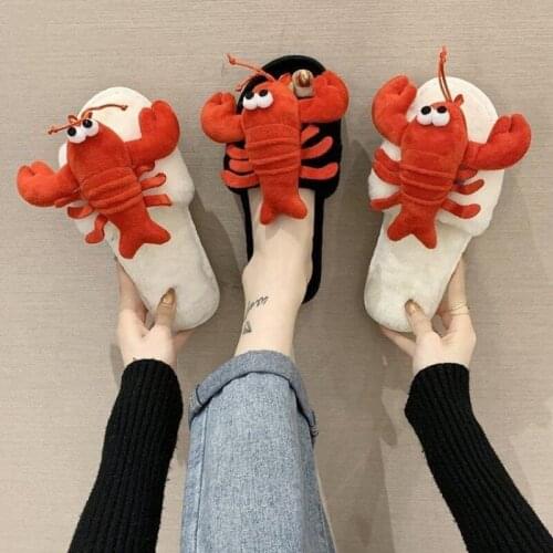 Womens Hot Selling Crayfish Fluffy Shoes Ladies Korean-Style Creative All-Match Flat Autumn Indoor Non-Slip Slippers Fashion