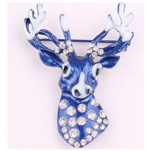 LUBOV Lovely Rhinestone Inlaid Blue Crystal Deer Head Brooches Pins Gold Color Metal Brooch Pin for Men Women Wedding Jewelry