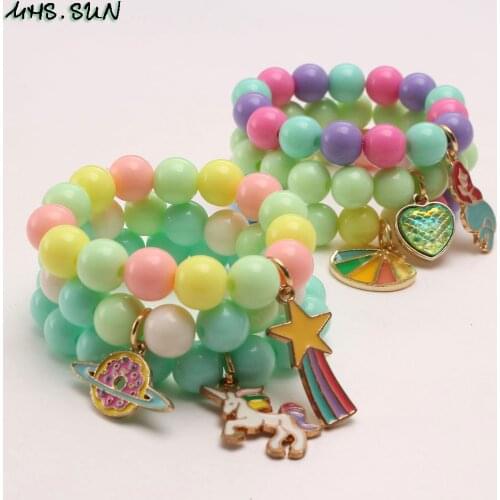 MHS.SUN 3Pcs Candy Color Baby Beads Bracelets Bangles With Charming Unicorn/Rainbow/Heart Pendant Elastic Girls Kids Bracelet