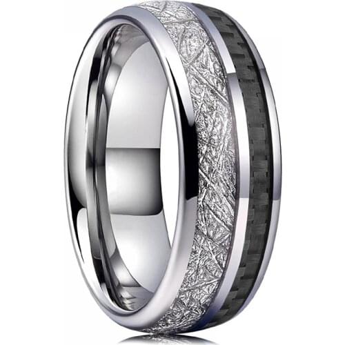 Trendy Mens Stainless Steel Ring Inlay Meteorite & Black Carbon Fiber Ring Silver Color Polished Finish Mens Wedding Band