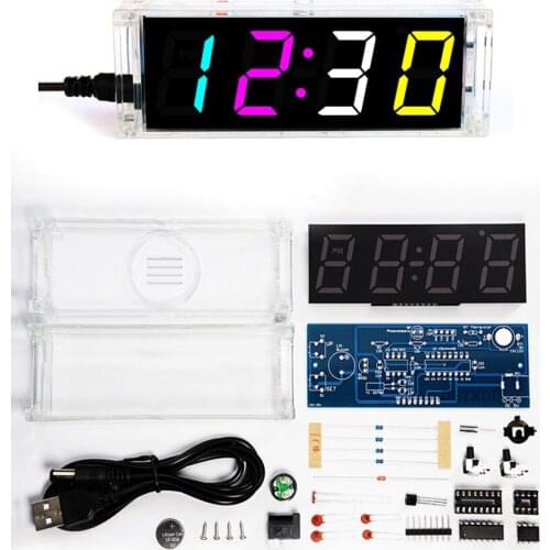 DIY Electronic Clock kit 4 Digital Tube Multicolor LED Time Week Temperature Date Display With Case Cover DIY Soldering Project