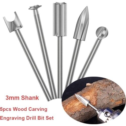 5pc Wood Carving Engraving Drill Bit Set 3mm Shank Electric Milling Root Cutter Tool Wood Polishing Drill for Rotary Dremel Tool
