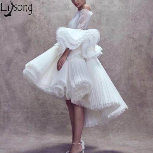 2019 New Unique High Low Cocktail Dresses White Off The Shoulder Short Prom Dress Puffy Ruffles Sleeves Formal Party Gowns