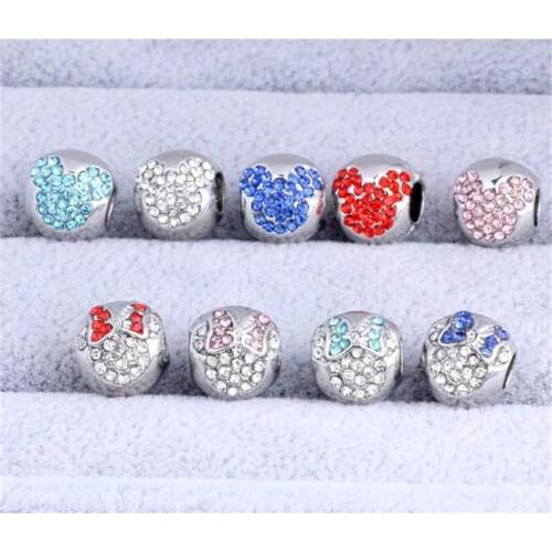 NEW DIY European Cartoon Mouse Minn Head Rhinestone Big Hole Beads Charms Fit European Bracelet & Bangles Crystal Beads Whsle