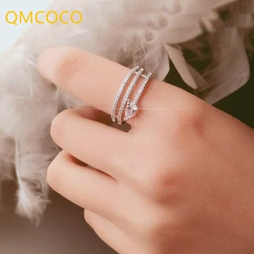 QMCOCO 925 Silver Simple Water-Drop Zircon Ring Fashion Design Women Open Adjustable Multilayer Wedding Ring For Girl